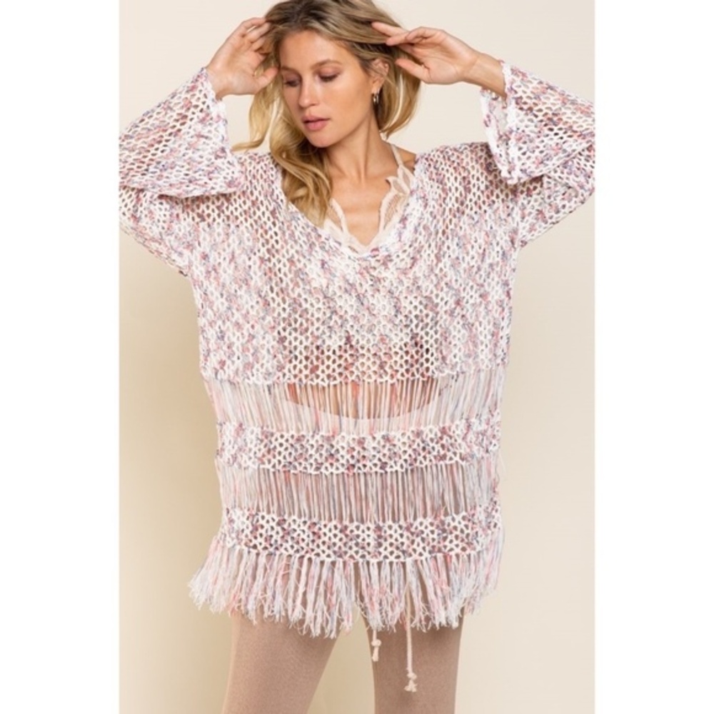 POL Open Knit Lightweight Tunic Sweater with Fringe